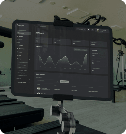 The Stryde dashboard on a tablet mounted on gym equipment